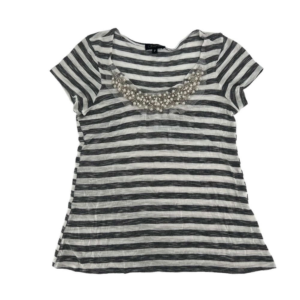 Colette Black White Striped Faux Pearl Short Sleeve Top Size Small Women’s